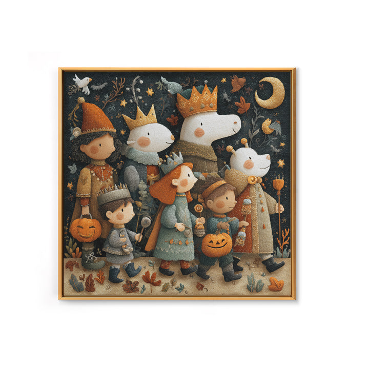 The Costume Parade, Embroidered Halloween Art, Square Wall Art, Canvas Print, Cute Halloween Wall Art