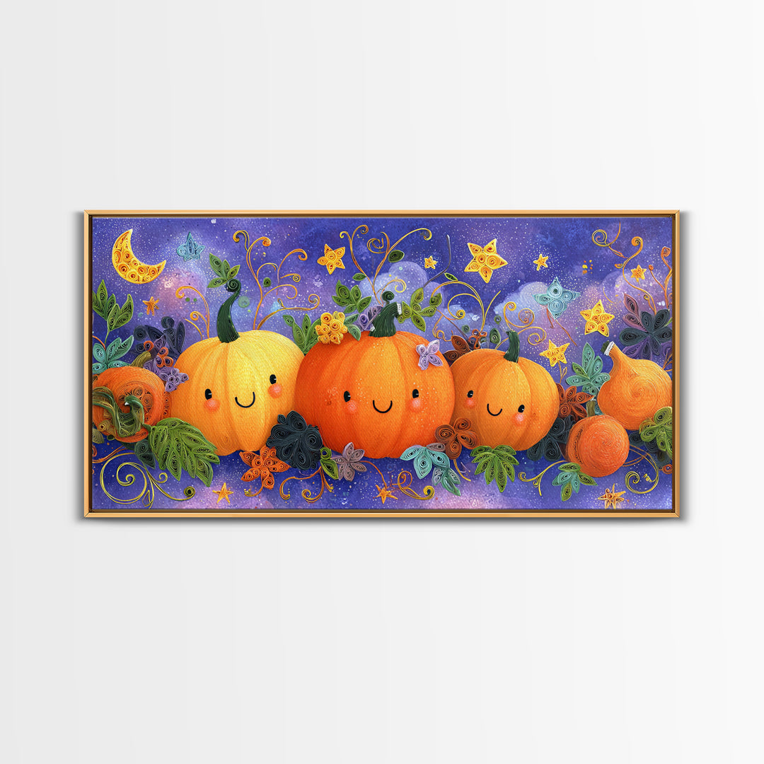 The Pumpkin Painting Party, Quilled Halloween Art, Wide Panoramic Art, Framed Canvas Print, Cute Halloween Wall Art