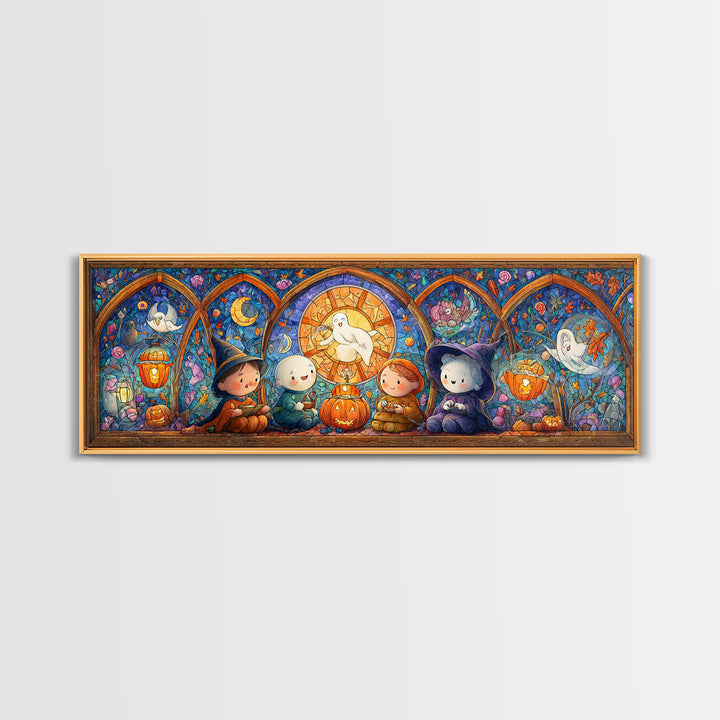 The Halloween Story Circle, Stained Glass Halloween, Extra Wide Wall Art, Canvas Print, Cute Halloween Wall Art