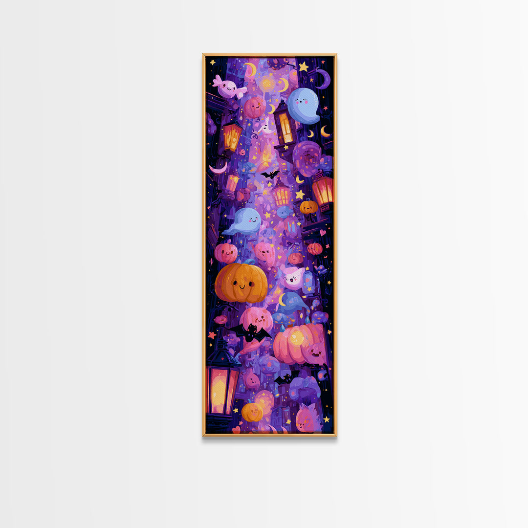 The Moonlight Dance Party, Vaporwave Halloween Art, Tall Narrow Wall Art, Framed Canvas Print, Cute Halloween Wall Art