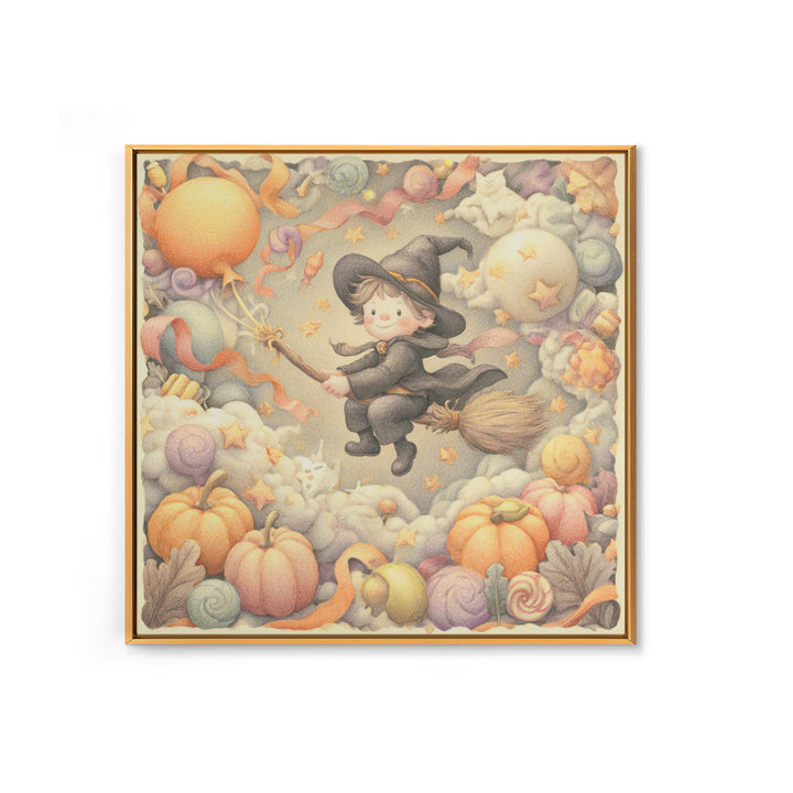 The Broomstick Obstacle Course, Hand Sketch Halloween Art, Square Wall Art, Canvas Print, Cute Halloween Wall Art