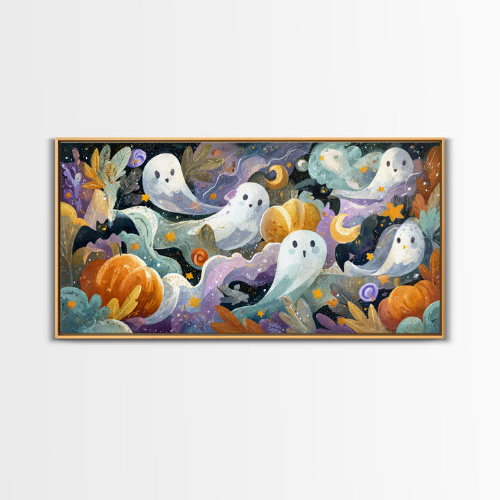The Halloween Craft Table, Watercolor Halloween Art, Wide Panoramic Art, Framed Canvas Print, Cute Halloween Wall Art