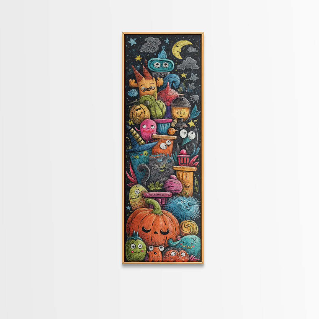 The Costume Photo Booth, Crayon Halloween Art, Tall Narrow Wall Art, Framed Canvas Print, Cute Halloween Wall Art