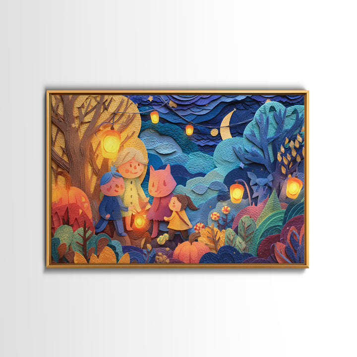 The Lantern-Making Festival, Paper Collage Halloween, Landscape Wall Art, Framed Canvas Print, Cute Halloween Wall Art