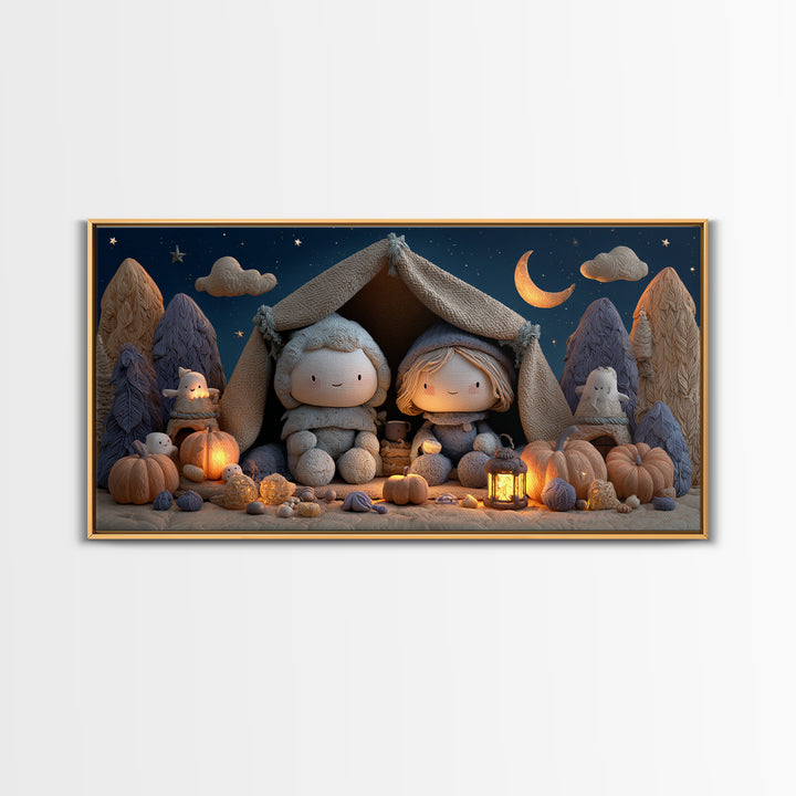The Halloween Sleepover, Clay Halloween Art, Wide Panoramic Art, Framed Canvas Print, Cute Halloween Wall Art