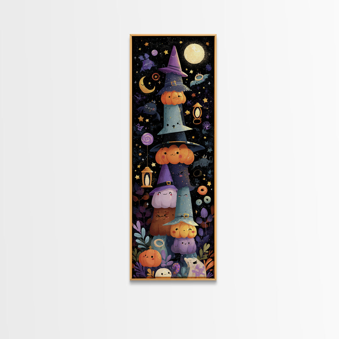 The Witch Hat Ring Toss, Kawaii Halloween Art, Tall Narrow Wall Art, Framed Canvas Print, Cute Halloween Wall Art