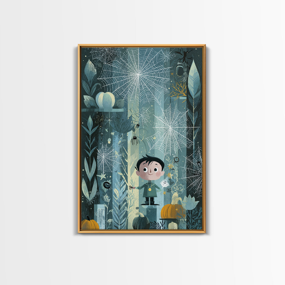 The Great Cobweb Knitting Contest, Retro Halloween Art, Vertical Wall Art, Canvas Print, Cute Halloween Wall Art