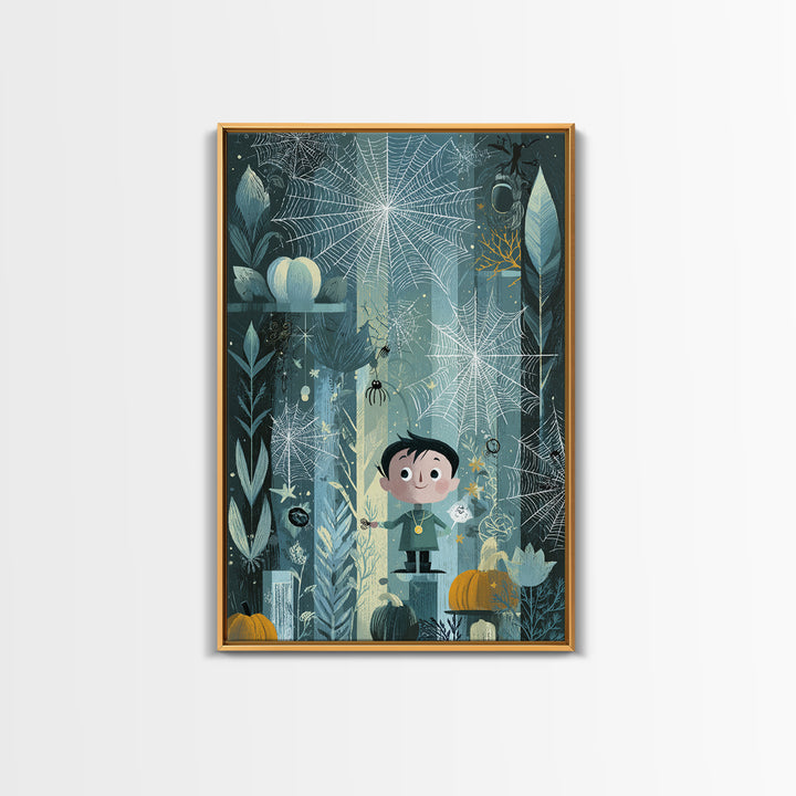 The Great Cobweb Knitting Contest, Retro Halloween Art, Vertical Wall Art, Canvas Print, Cute Halloween Wall Art