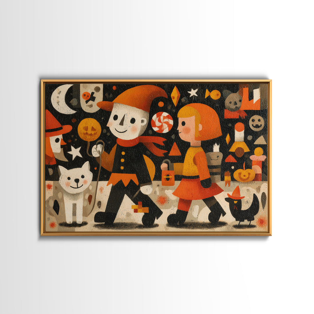The Halloween Pet Parade, Screenprint Halloween Art, Landscape Wall Art, Framed Canvas Print, Cute Halloween Wall Art