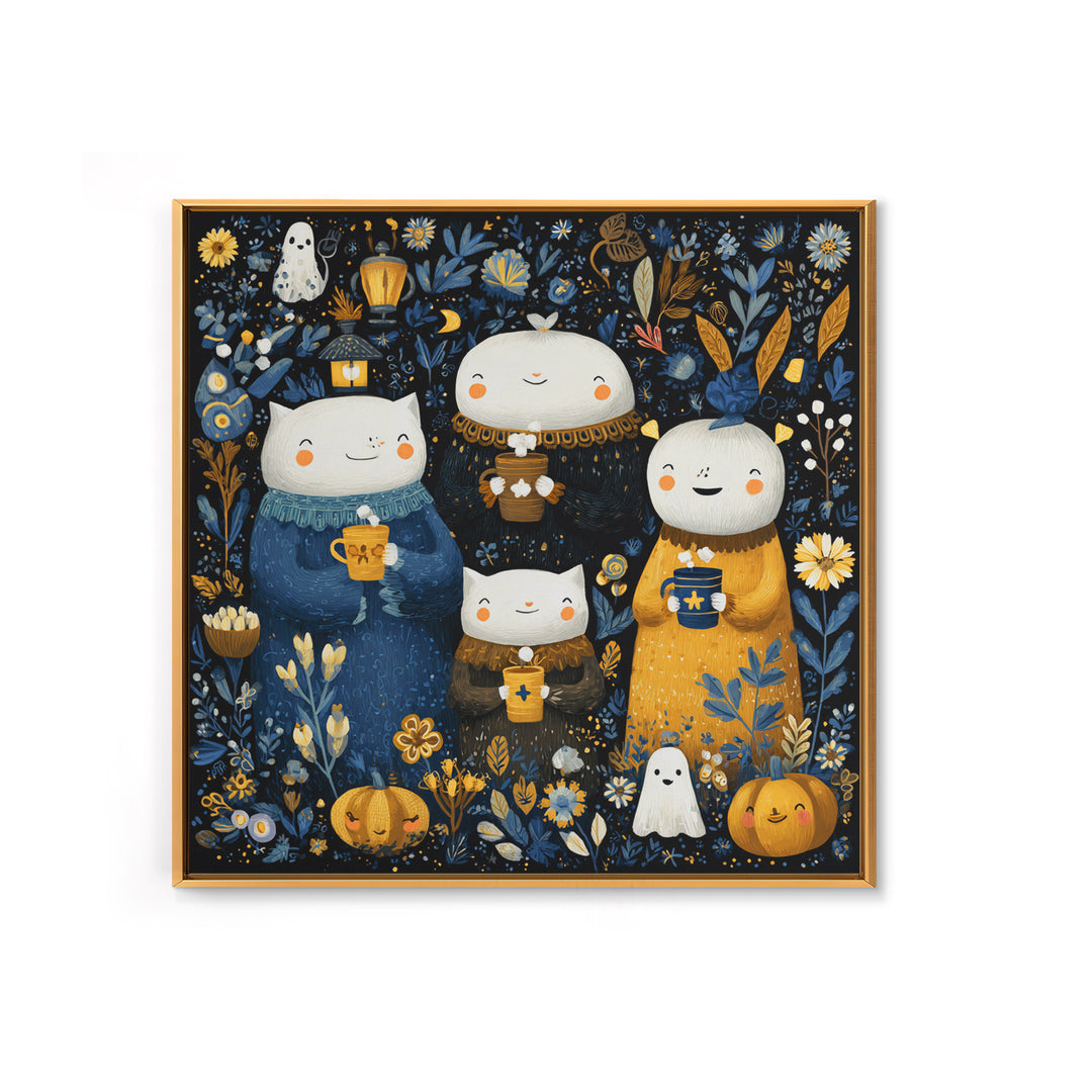 The Midnight Cocoa Party, Folk Halloween Art, Square Wall Art, Canvas Print, Cute Halloween Wall Art