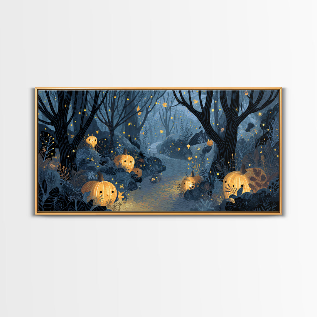The Firefly Lantern Forest, Linocut Halloween Art, Wide Panoramic Art, Framed Canvas Print, Cute Halloween Wall Art