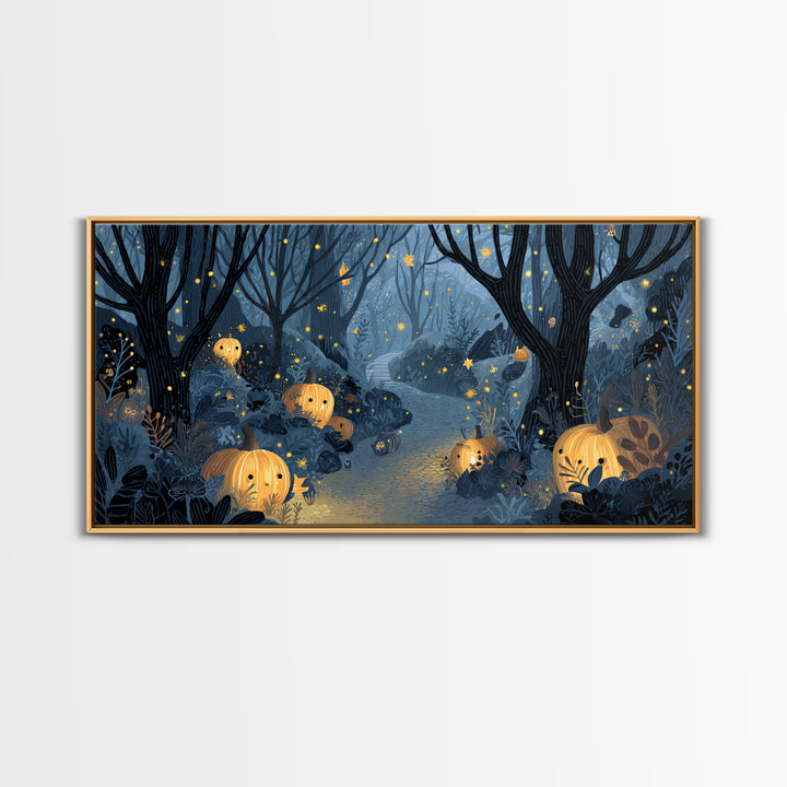 The Firefly Lantern Forest, Linocut Halloween Art, Wide Panoramic Art, Framed Canvas Print, Cute Halloween Wall Art