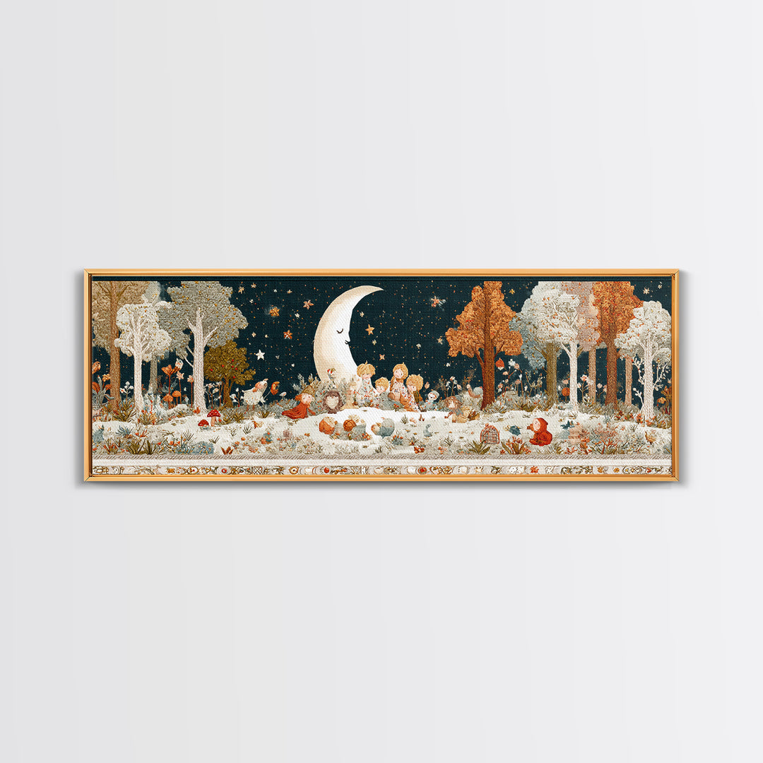 The Smiling Moon Meadow, Embroidered Halloween Art, Extra Wide Wall Art, Canvas Print, Cute Halloween Wall Art