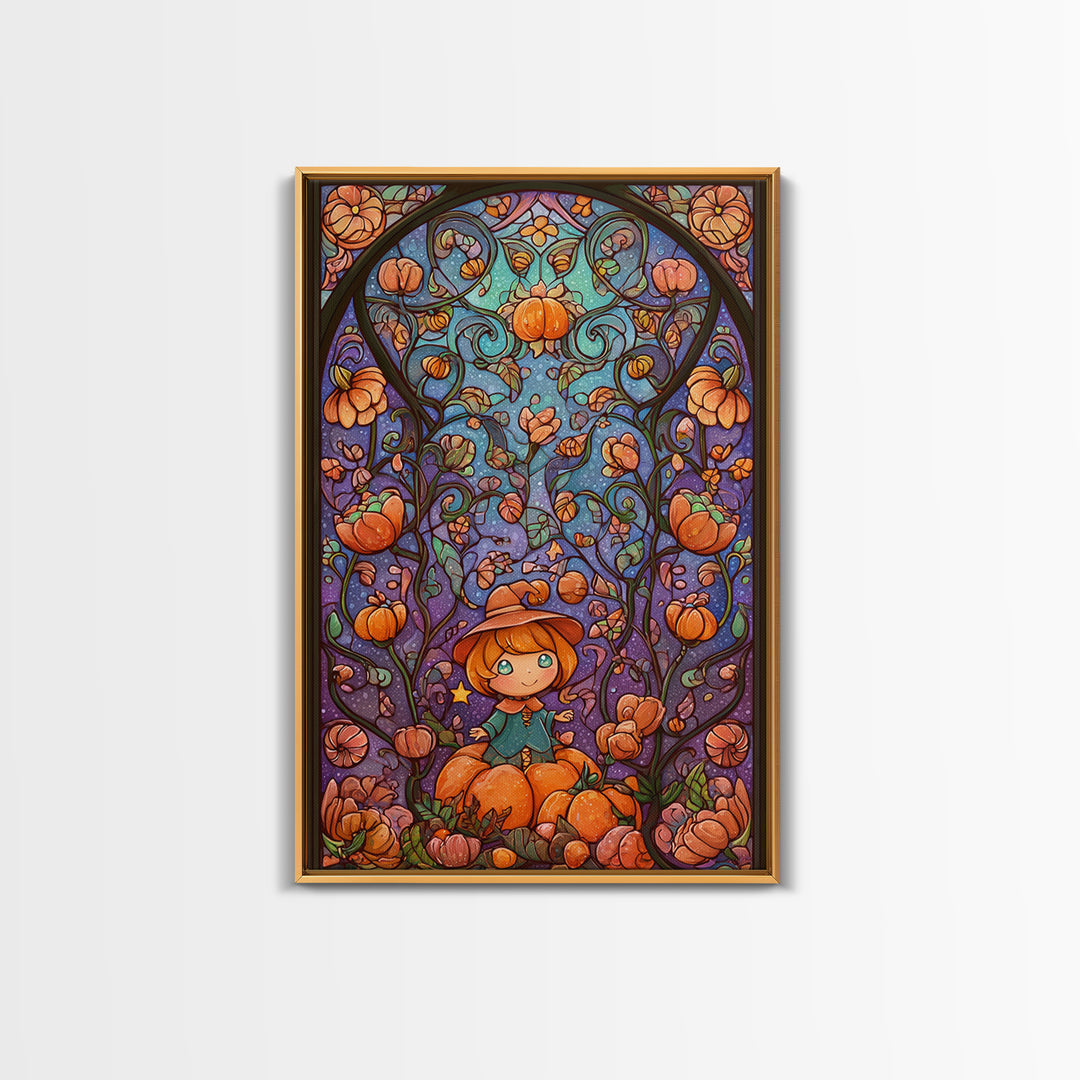 The Pumpkin Flower Garden, Stained Glass Halloween, Vertical Wall Art, Canvas Print, Cute Halloween Wall Art