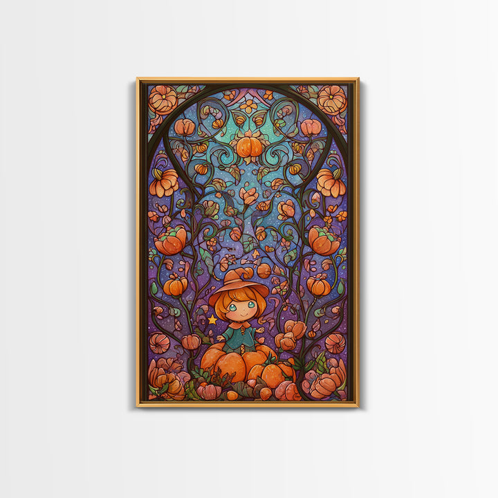 The Pumpkin Flower Garden, Stained Glass Halloween, Vertical Wall Art, Canvas Print, Cute Halloween Wall Art