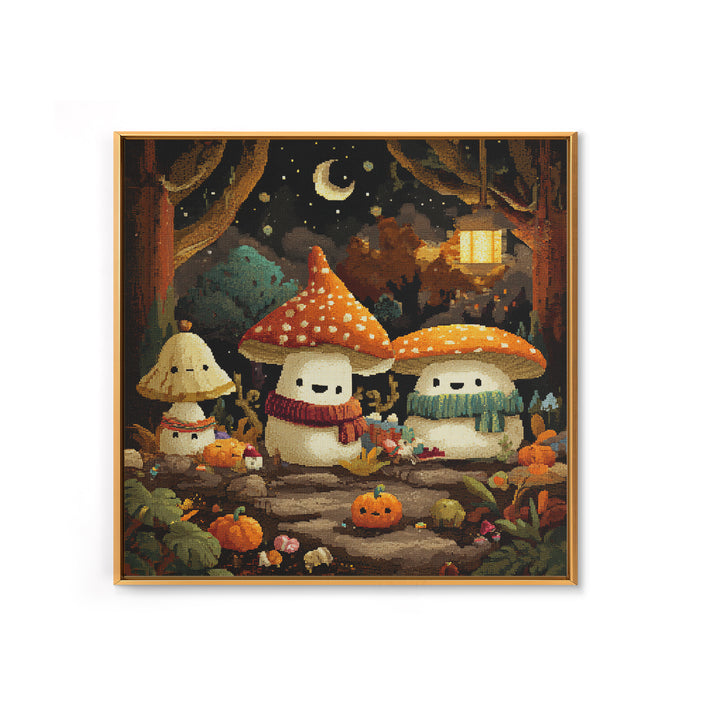 The Friendly Mushroom Forest, Pixel Halloween Art, Square Wall Art, Canvas Print, Cute Halloween Wall Art