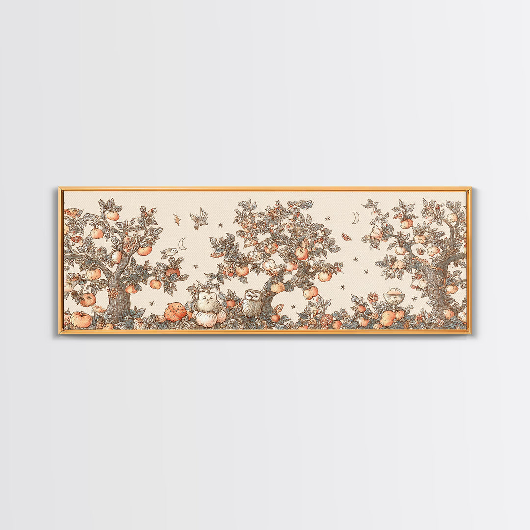 The Sleepy Owl Orchard, Hand Sketch Halloween Art, Extra Wide Wall Art, Canvas Print, Cute Halloween Wall Art
