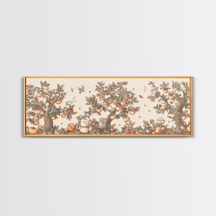 The Sleepy Owl Orchard, Hand Sketch Halloween Art, Extra Wide Wall Art, Canvas Print, Cute Halloween Wall Art