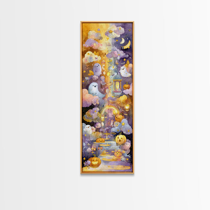The Rainbow After The Halloween Rain, Watercolor Halloween Art, Tall Narrow Wall Art, Framed Canvas Print, Cute Halloween Wall Art