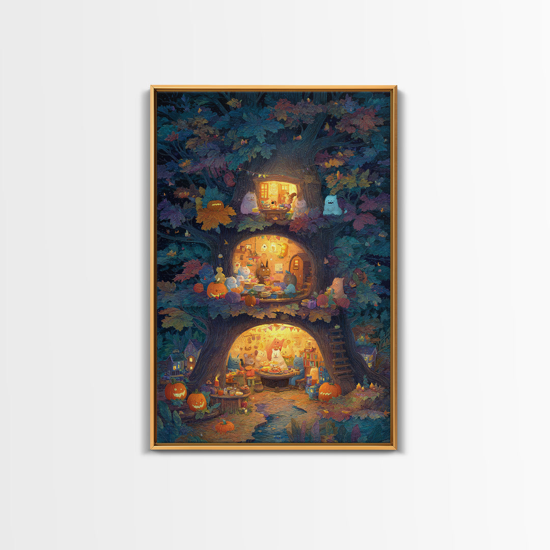 The Cozy Hollow Tree, Gouache Halloween Art, Vertical Wall Art, Canvas Print, Cute Halloween Wall Art
