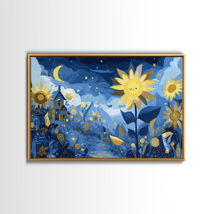 The Singing Sunflowers At Midnight, Crayon Halloween Art, Landscape Wall Art, Framed Canvas Print, Cute Halloween Wall Art