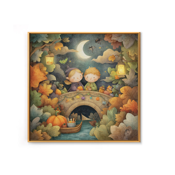The Autumn Fairy Bridge, Pastel Halloween Art, Square Wall Art, Canvas Print, Cute Halloween Wall Art