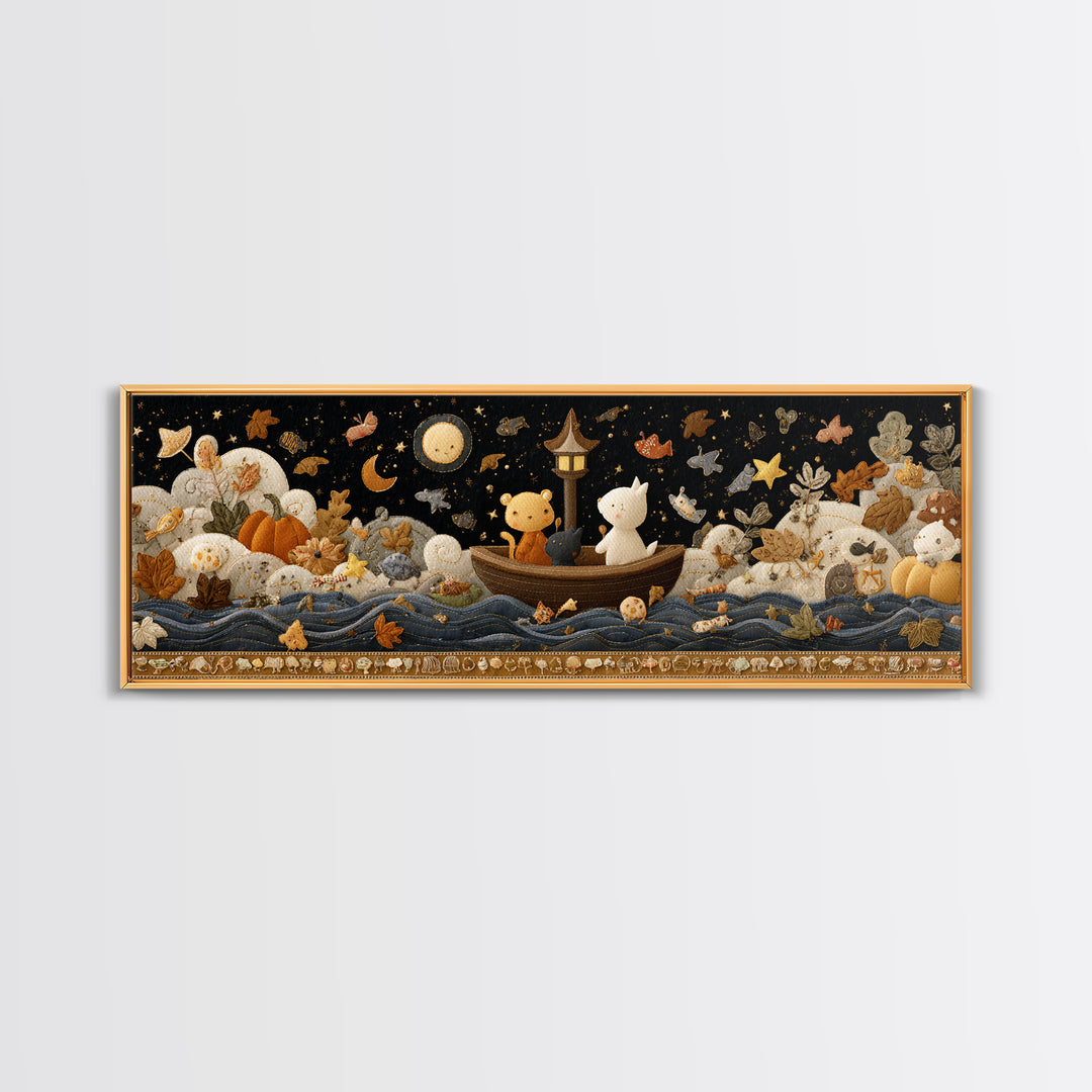 The Golden Leaf River, Felt Halloween Art, Extra Wide Wall Art, Canvas Print, Cute Halloween Wall Art