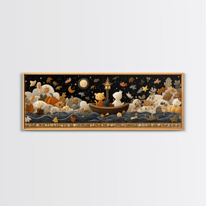 The Golden Leaf River, Felt Halloween Art, Extra Wide Wall Art, Canvas Print, Cute Halloween Wall Art