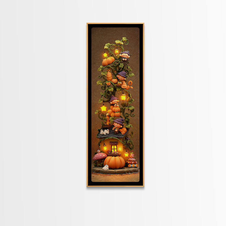 The Pumpkin Vine Swing, Clay Halloween Art, Tall Narrow Wall Art, Framed Canvas Print, Cute Halloween Wall Art