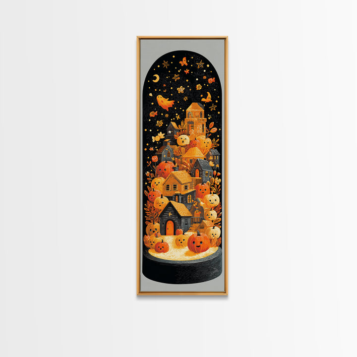 Halloween Inside A Snow Globe, Linocut Halloween Art, Tall Narrow Wall Art, Framed Canvas Print, Cute Halloween Wall Art