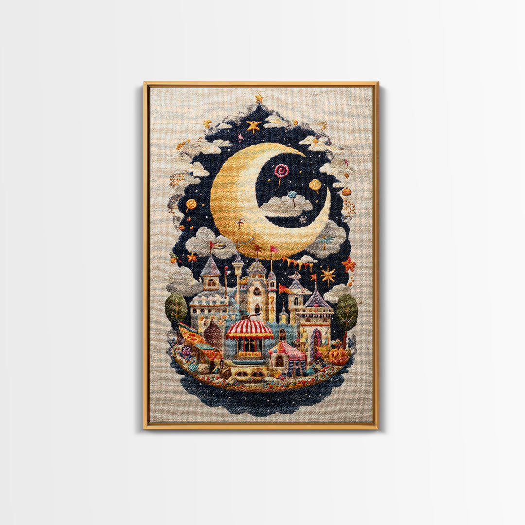 The Tiny Moon Carnival, Embroidered Halloween Art, Vertical Wall Art, Canvas Print, Cute Halloween Wall Art