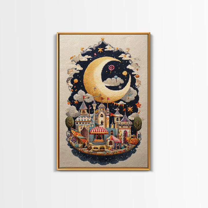 The Tiny Moon Carnival, Embroidered Halloween Art, Vertical Wall Art, Canvas Print, Cute Halloween Wall Art