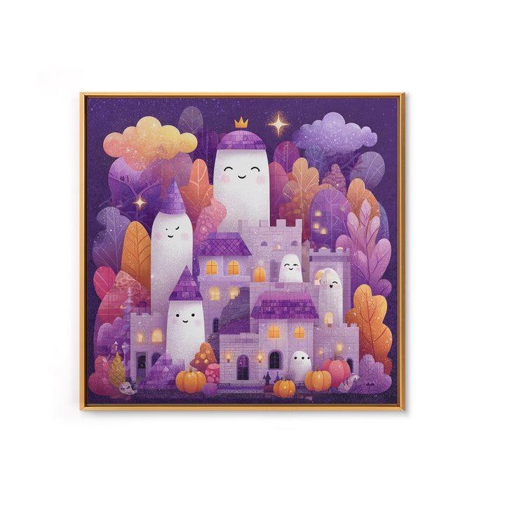The Halloween Cloud Castle, Stained Glass Halloween, Square Wall Art, Canvas Print, Cute Halloween Wall Art
