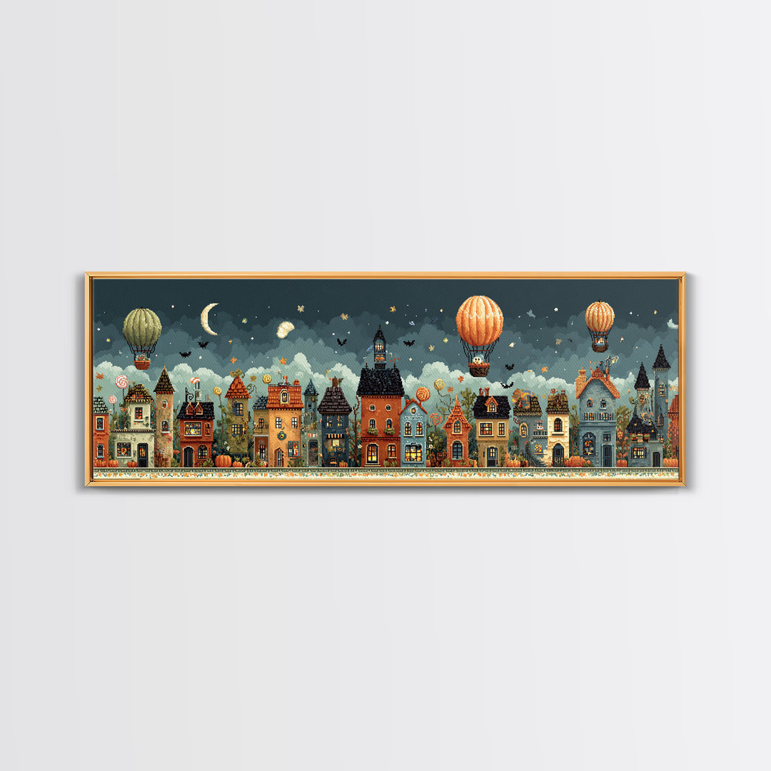 The Ghost Balloon City, Pixel Halloween Art, Extra Wide Wall Art, Canvas Print, Cute Halloween Wall Art