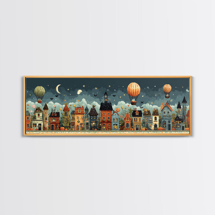 The Ghost Balloon City, Pixel Halloween Art, Extra Wide Wall Art, Canvas Print, Cute Halloween Wall Art