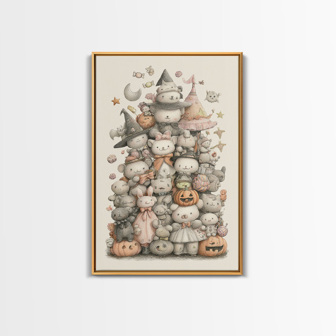 The Halloween Toy Kingdom, Hand Sketch Halloween Art, Vertical Wall Art, Canvas Print, Cute Halloween Wall Art