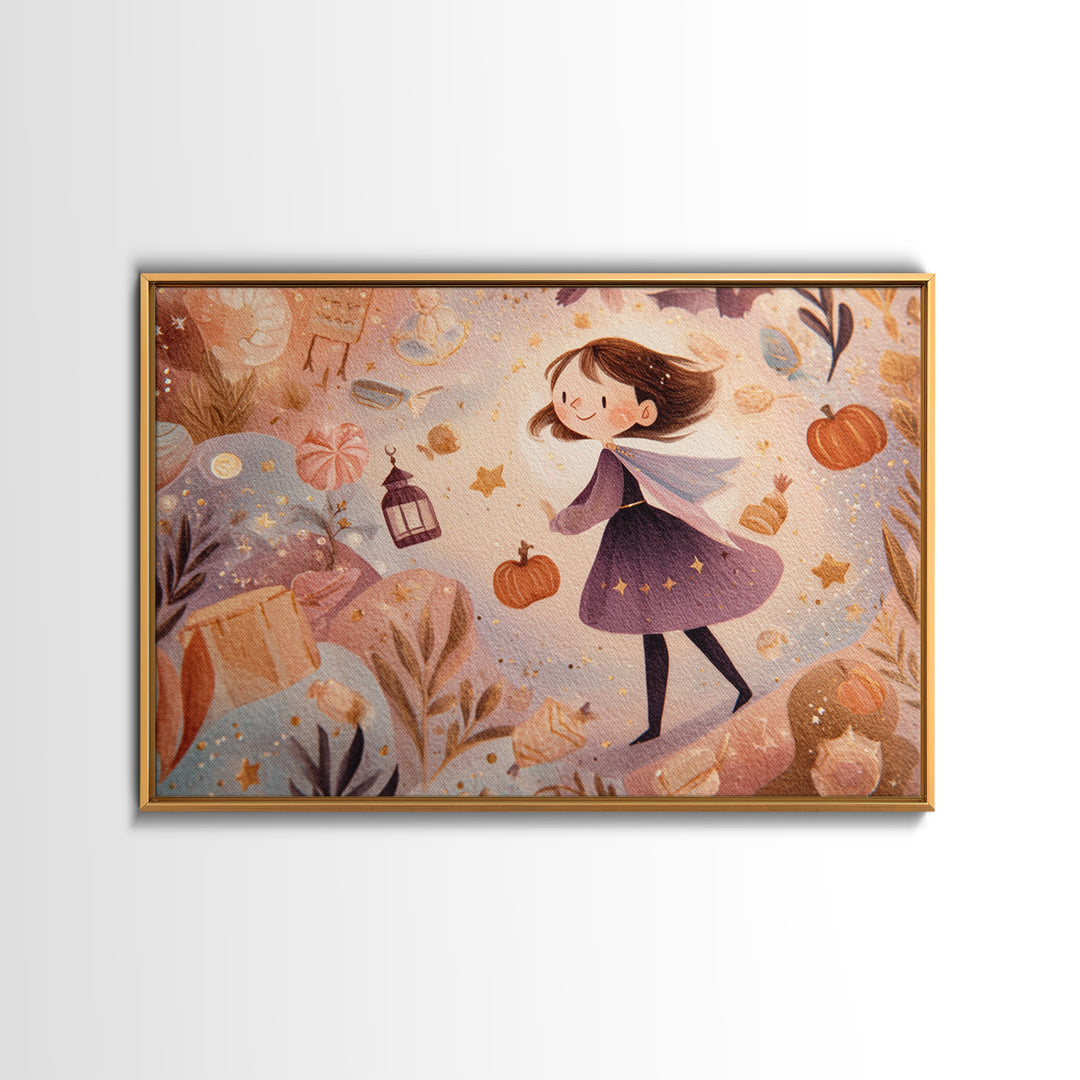 The Magical Costume Workshop, Watercolor Halloween Art, Landscape Wall Art, Framed Canvas Print, Cute Halloween Wall Art