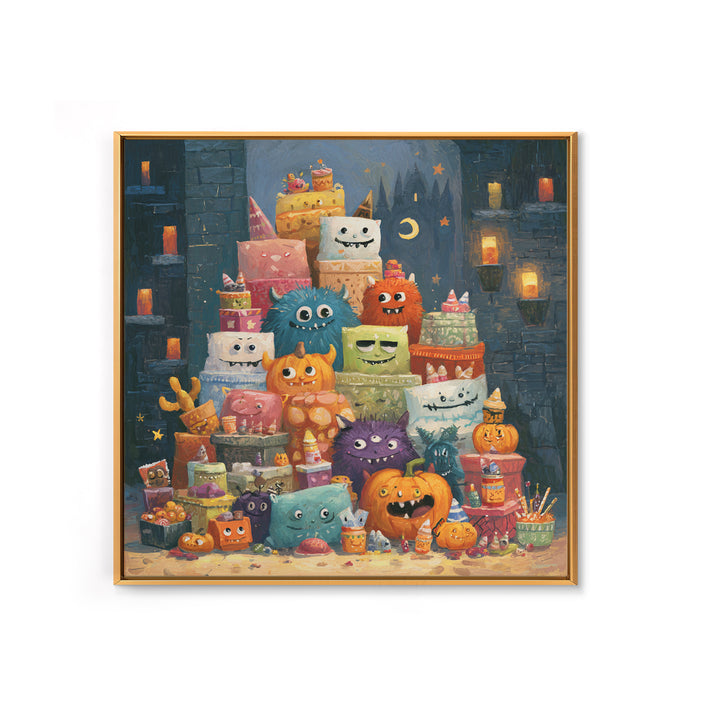 The Great Monster Pajama Party, Gouache Halloween Art, Square Wall Art, Canvas Print, Cute Halloween Wall Art