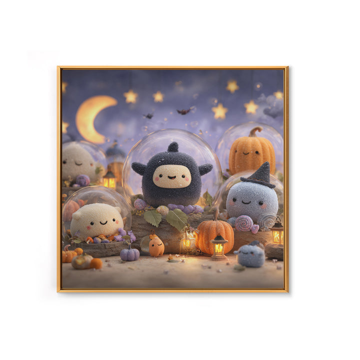 The Halloween Bubble Village, Plush Halloween Art, Square Wall Art, Canvas Print, Cute Halloween Wall Art