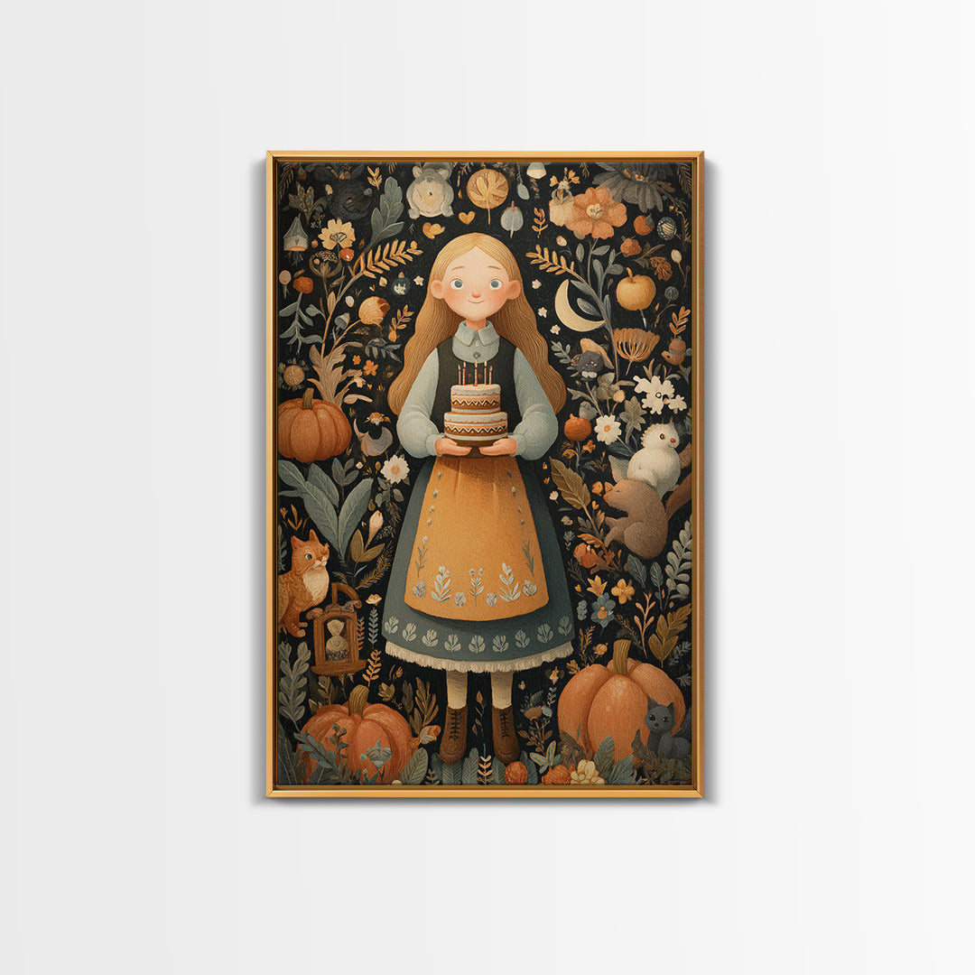 October'S Birthday Party, Folk Halloween Art, Vertical Wall Art, Canvas Print, Cute Halloween Wall Art