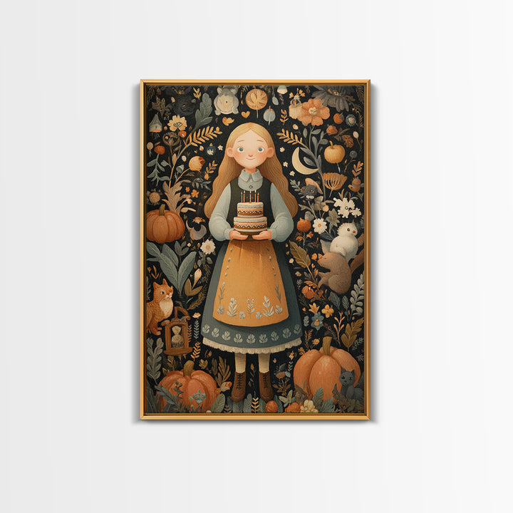 October'S Birthday Party, Folk Halloween Art, Vertical Wall Art, Canvas Print, Cute Halloween Wall Art