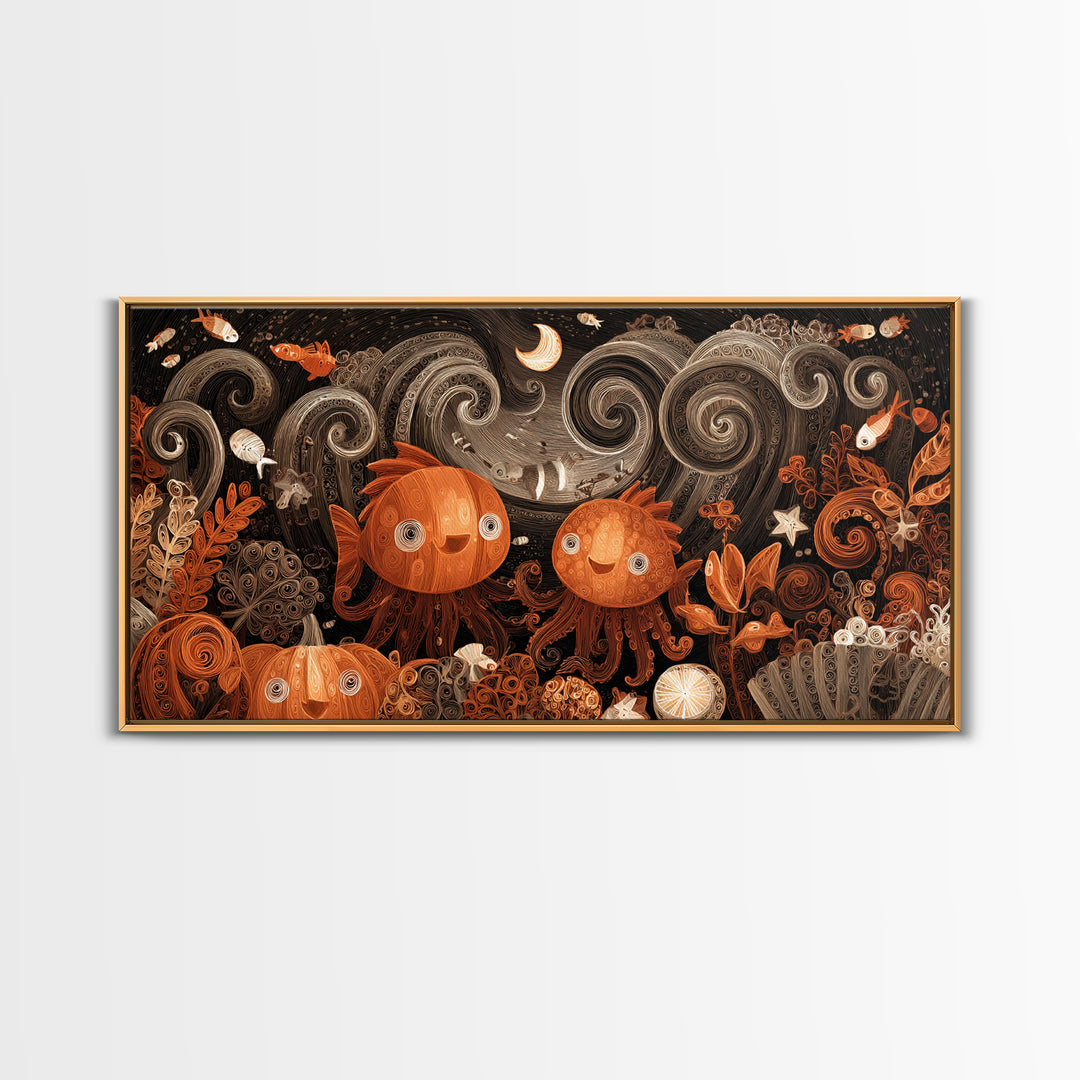 The Choir Of Deepwater Acolytes, Quilled Halloween Art, Wide Panoramic Art, Framed Canvas Print, Cute Halloween Wall Art