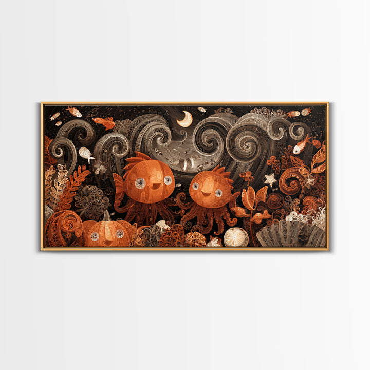 The Choir Of Deepwater Acolytes, Quilled Halloween Art, Wide Panoramic Art, Framed Canvas Print, Cute Halloween Wall Art