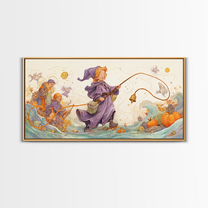 The Bellringer Of The Sunken Cathedral, Watercolor Halloween Art, Wide Panoramic Art, Framed Canvas Print, Cute Halloween Wall Art