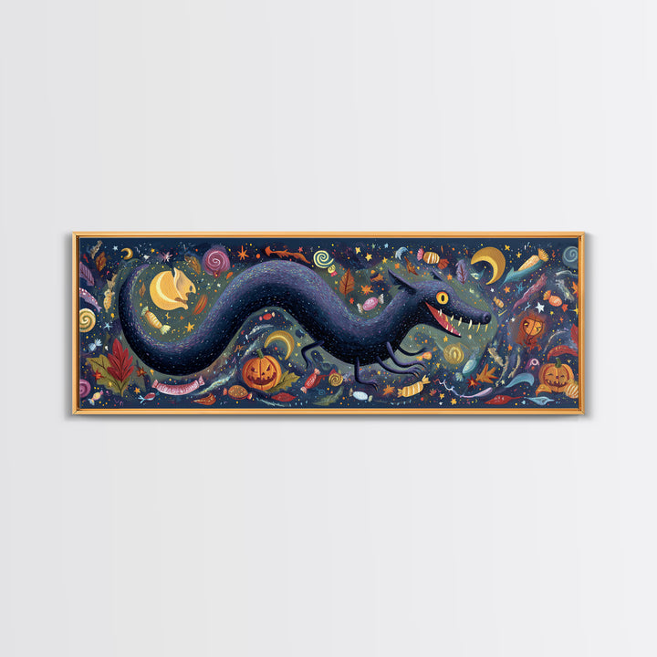 The Crawler Beneath The Floor Of Stars, Gouache Halloween Art, Extra Wide Wall Art, Canvas Print, Cute Halloween Wall Art