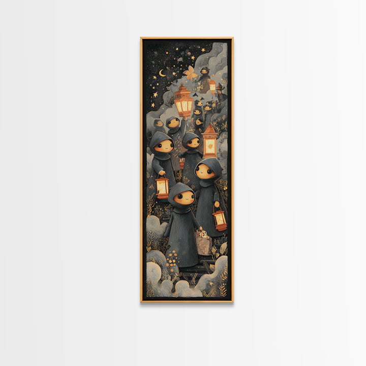 The Innsmouth Lantern Procession, Crayon Halloween Art, Tall Narrow Wall Art, Framed Canvas Print, Cute Halloween Wall Art