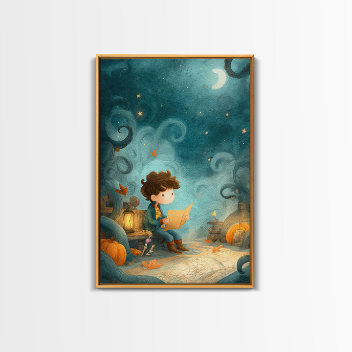 The Mapmaker Of Impossible Shores, Pastel Halloween Art, Vertical Wall Art, Canvas Print, Cute Halloween Wall Art