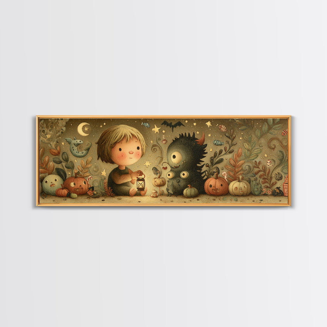 The Child Who Caught A Moon-Spawn, Plush Halloween Art, Extra Wide Wall Art, Canvas Print, Cute Halloween Wall Art