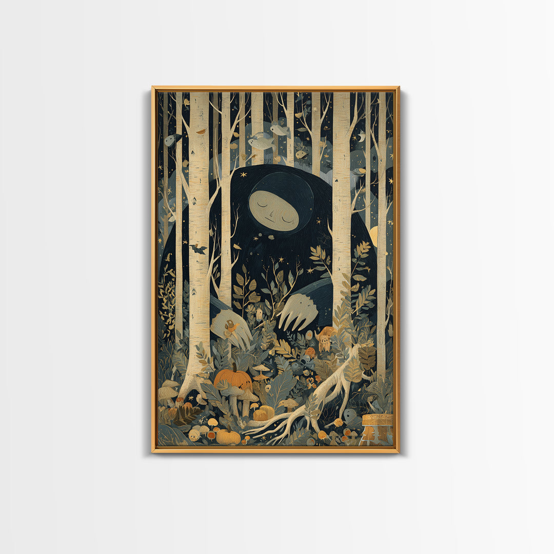 The Sleeper In The Birch Grove, Retro Halloween Art, Vertical Wall Art, Canvas Print, Cute Halloween Wall Art