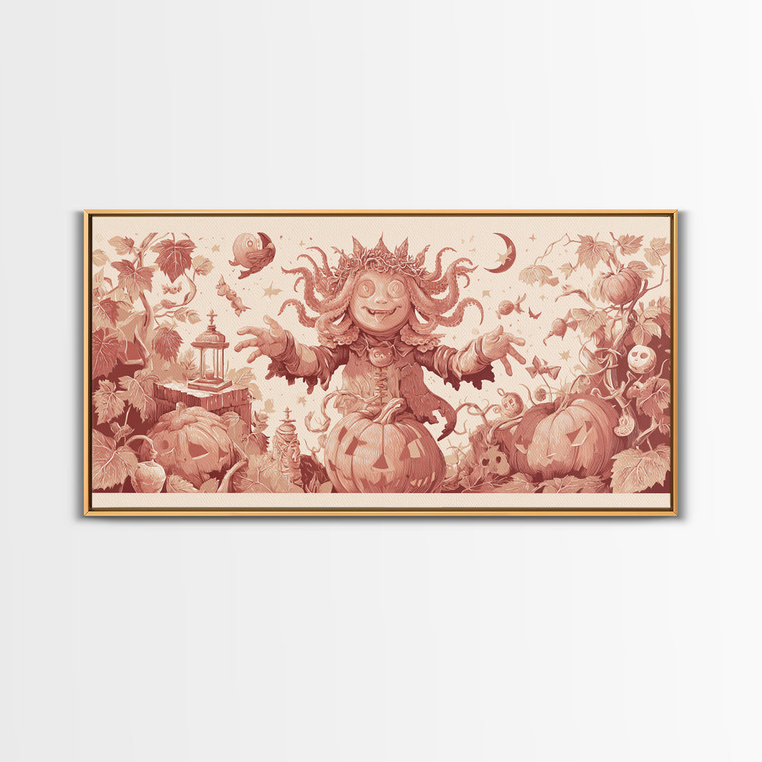 The Crown Of The Tentacled Saint, Linocut Halloween Art, Wide Panoramic Art, Framed Canvas Print, Cute Halloween Wall Art